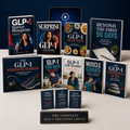 Complete GLP-1 Education Library shown as nine physical books in varied paperback, workbook, compact guide, and planner sizes with three bonus booklets