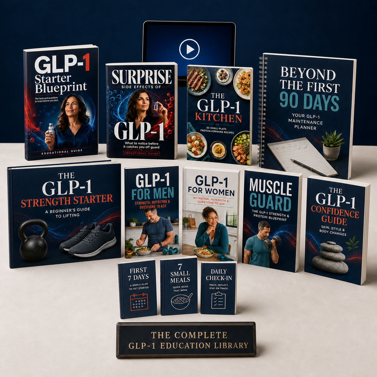 Complete GLP-1 Education Library shown as nine physical books in varied paperback, workbook, compact guide, and planner sizes with three bonus booklets