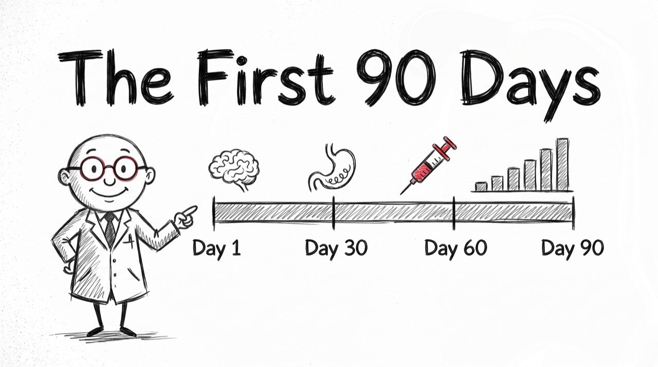 Illustrated first 90 days timeline for the GLP-1 educational video